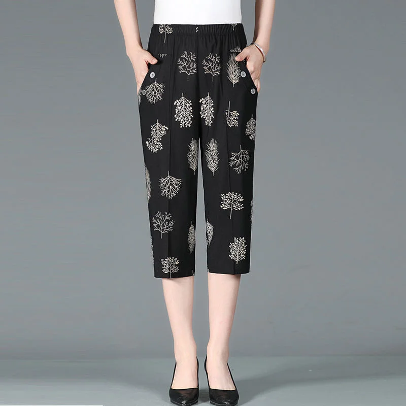 

New Summer Middle-aged And Elderly Capris Women's High Waist Baggy Pants Mom's Pants Casual Floral Printed Alf-Length Pants