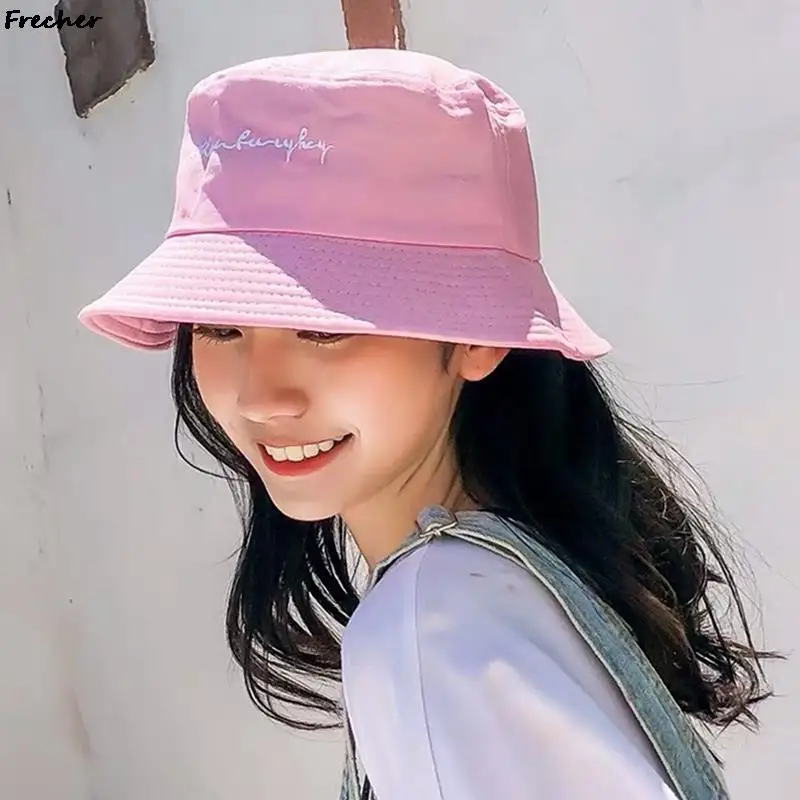 

Korean Fashion Sun Hat Letter Embroidery Summer Bucket Hats Women Hip Hop Cap Breathable Cotton Wide Brim Panama Beach Caps 2023