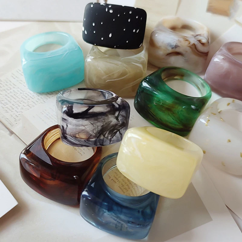 

New Korean Style Multicolor Acrylic Resin Geometric Circle Arc Texture Rings For Women Girls Jewelry Gifts