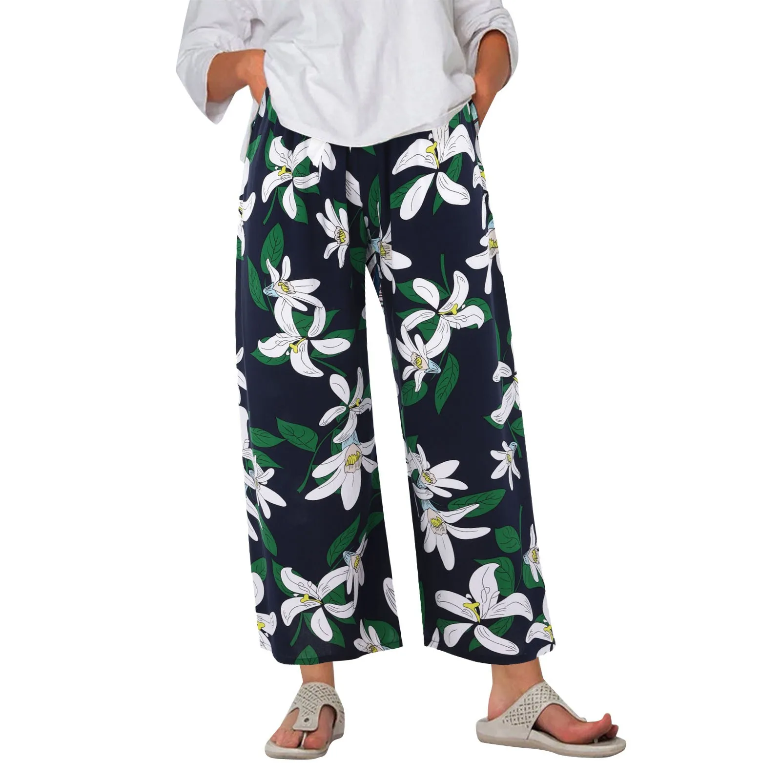Floral Printed Wide Leg Trousers for Women Summer Casual Loose Comfy Pajama Pants Leisure Elastic High Waist Pocket Harem Pants