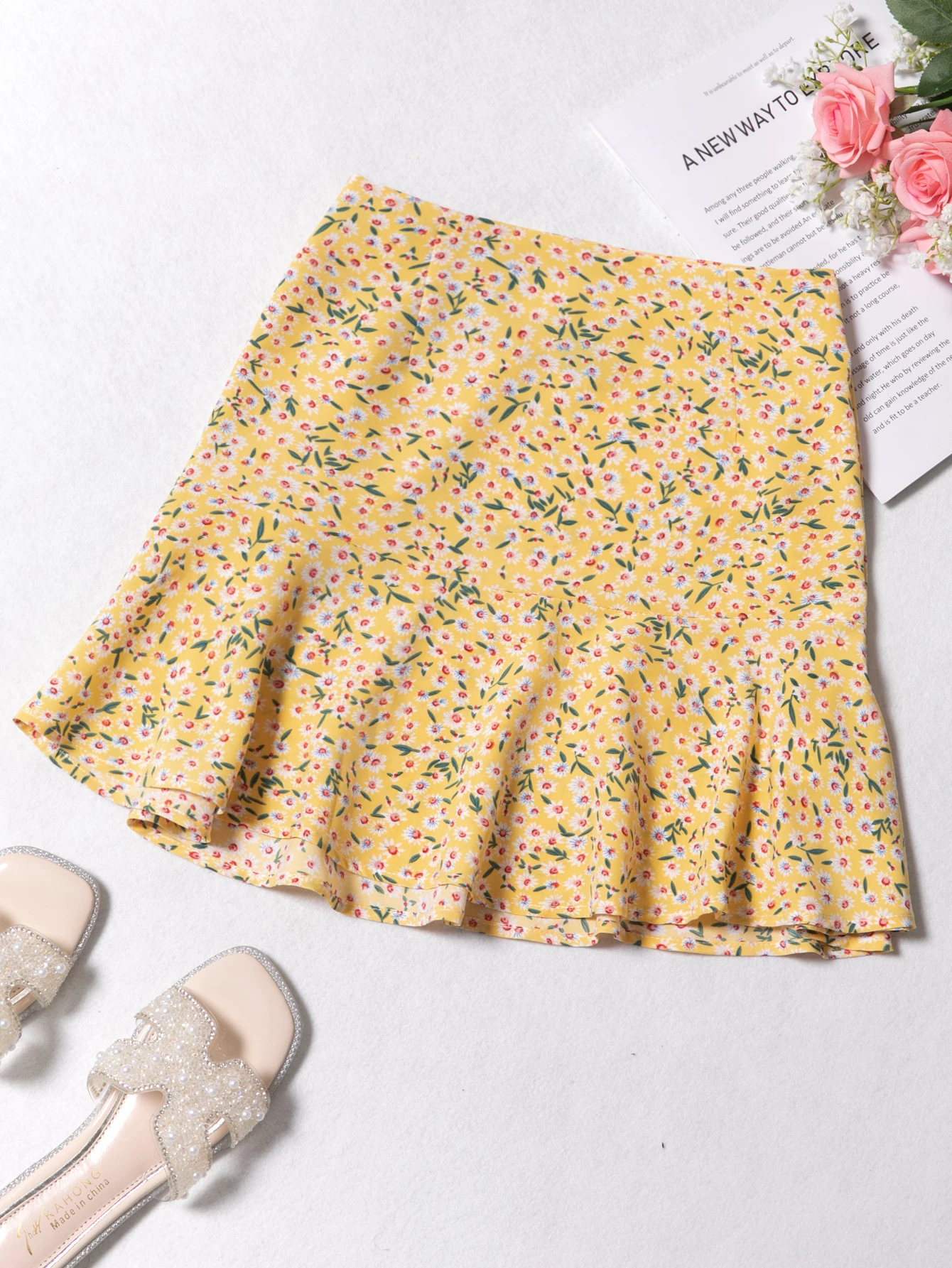 Boho Floral All Over Print Ruffle Hem Mini Skirts For Women 2022  A-Line Hight Waist Zip-Up Frill  Women Clothing Summer Spring