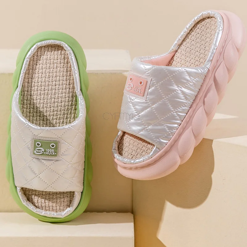 Down Cloth Designed Women's Home Slippers Linen Open Toe Indoor Slippers Female EVA Non-Slip Thick Sole Woman Winter Slippers