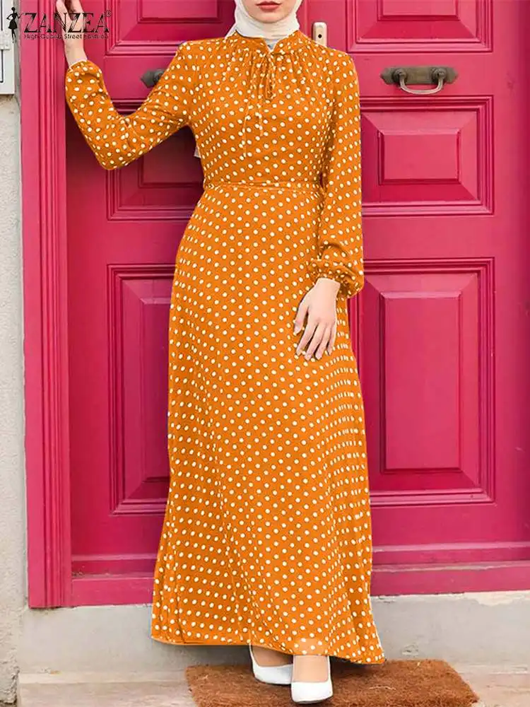 

ZANZEA Women Vintage Muslim Abaya Ramadan Maxi Long Dress Robe Femme Long Sleeve Polka Dot Printed Sundress Party Vestido Kaftan