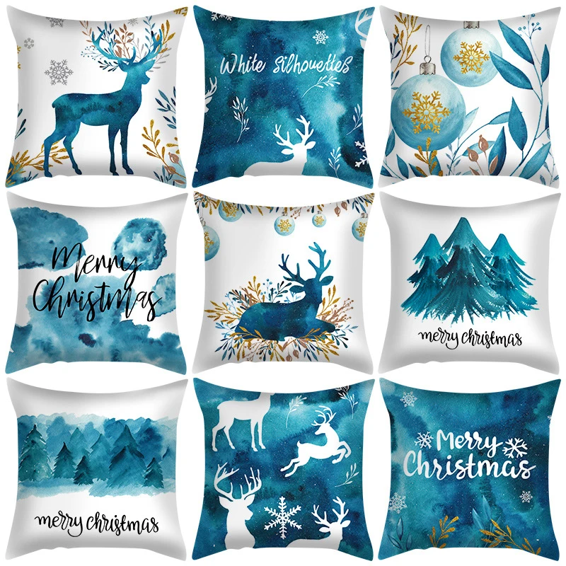 

Home Decoration Blue Soft Series Elk Christmas Pillowcase Printed Christmas Pillowcase Peach Skin Nordic Style Pillowcase