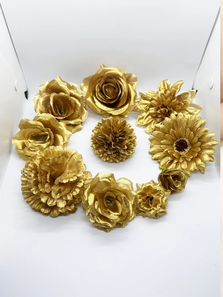 

Искусственные золотые розы и хризантемы из шелка, 10 штук