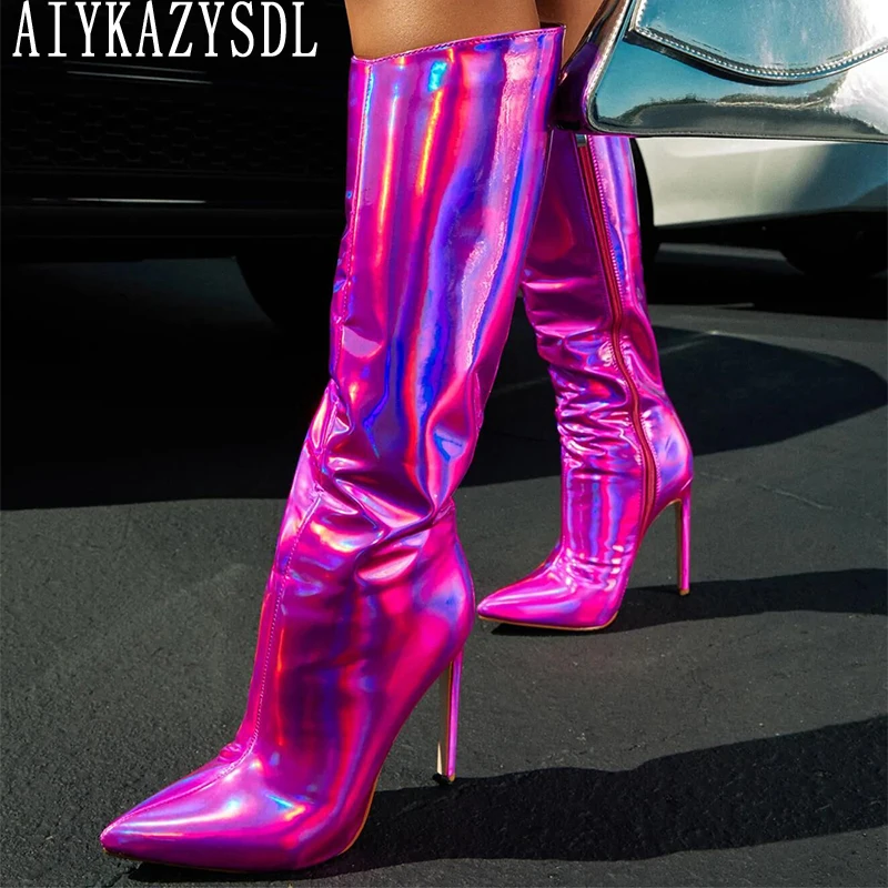 

AIYKAZYSDL Women Metallic Vinyl Glossy Boots Knee High Boots Knight Ridding Boots Clubwear Thin High Heel Party Shoes Botas Muer