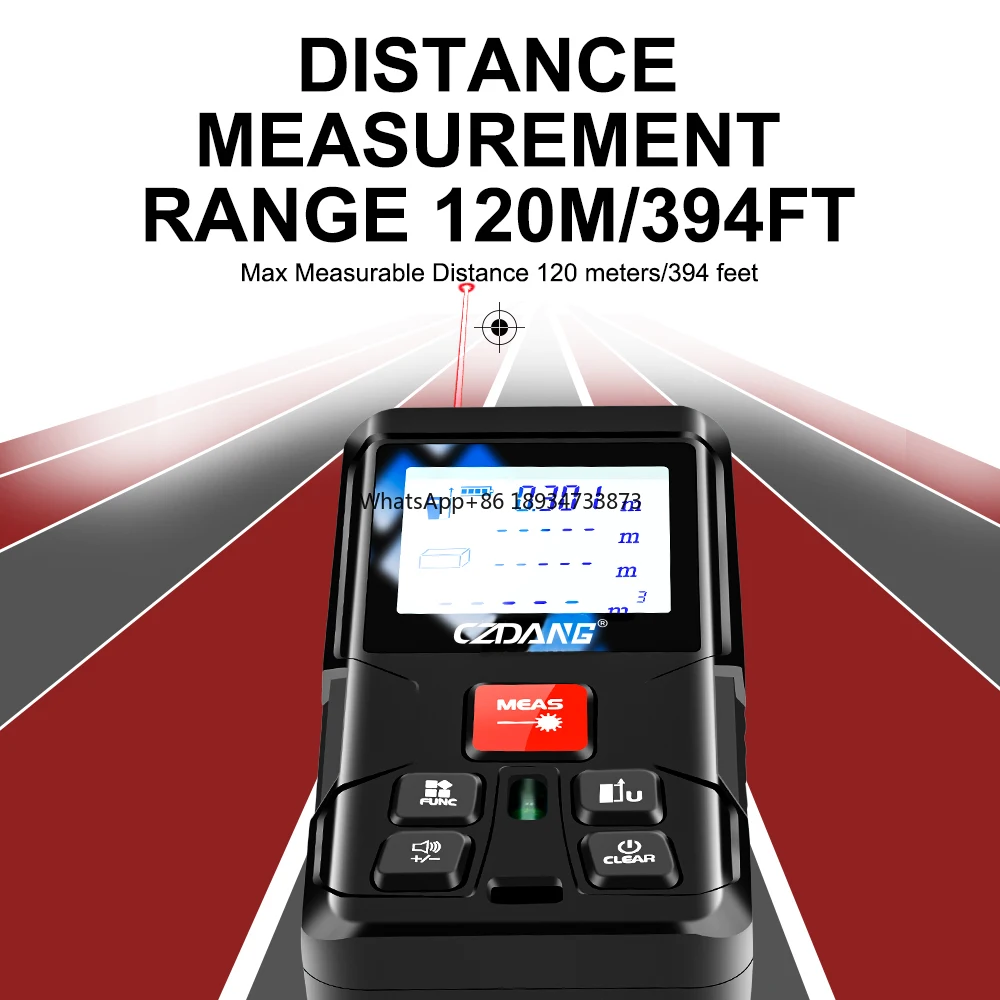 z możliwością przełączania m/ft/in/ft + in. Zakres 120 metrów/394 stopy Cyfrowy laserowy dalmierz na podczerwień Taśma miernicza 2 poziomami