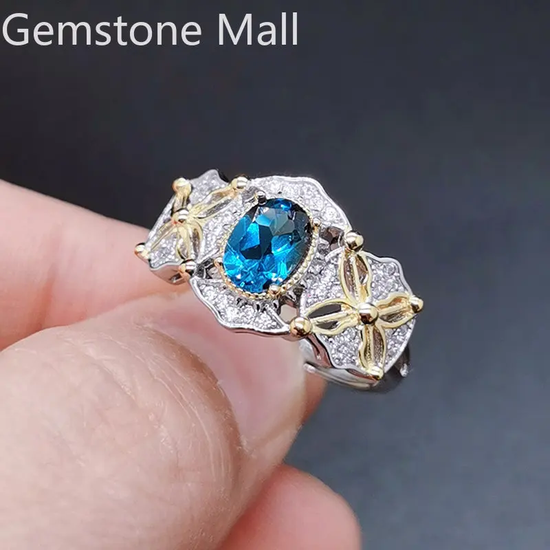 

London Blue Topaz Ring 0.7ct 5mm*7mm Natural Topaz 925 Silver Ring with 3 Layers 18K Gold Plating Gift for Woman