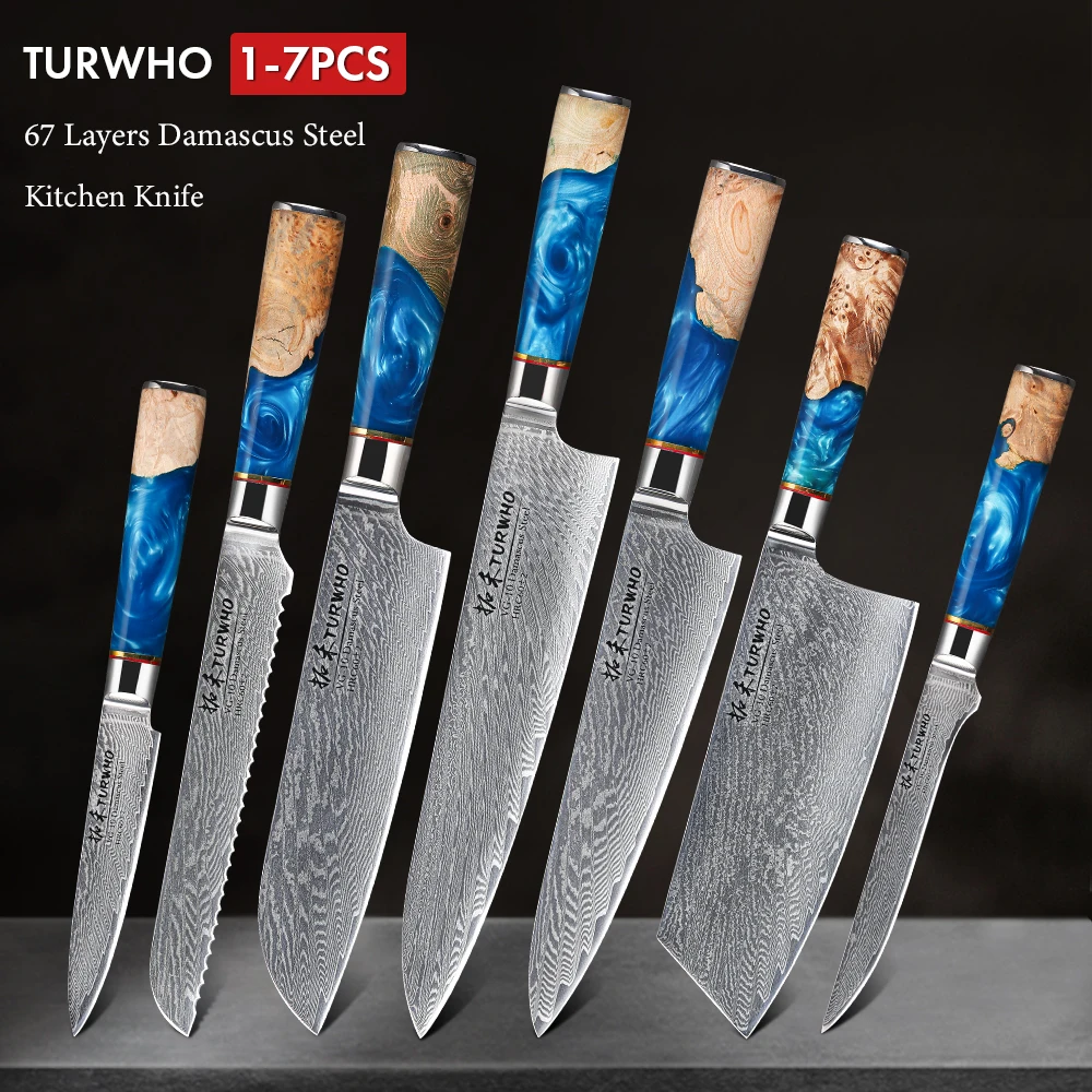 

TURWHO 1-7PCS Japan Santoku Knives Chef Knife Utility Knife 67 Layers Of High Carbon Damascus VG10 Steel Core Kitchen Knives Set