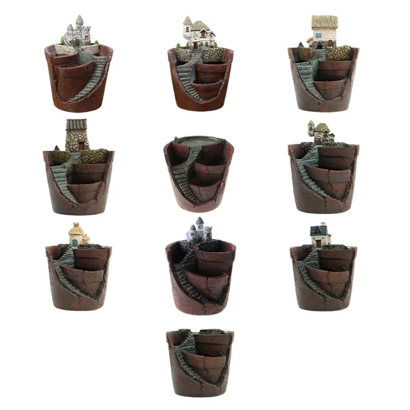 

652F Mini House Figurines Resin Flower Pot for Herb Cacti Succulent Plants Planter Home Garden Micro- Landscape Decor Crafts