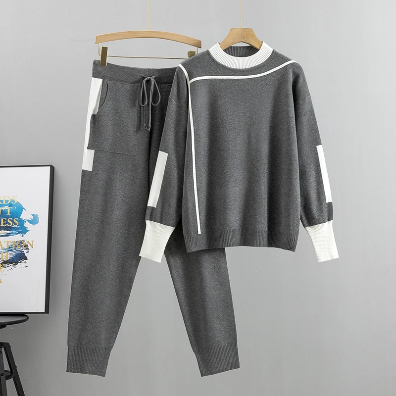 2023 Autumn Runway 2 Pieces Set Knitted Long Sleeve Pullovers Sweater Casual Patchwork Fashion Women Tops and Pants Suits Spring