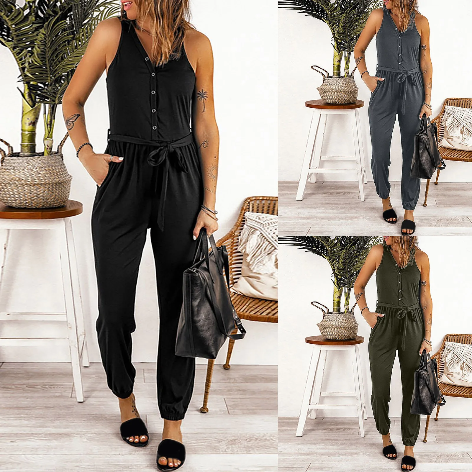 

Женский Длинный комбинезон с поясом, повседневный однотонный комбинезон с V-образным вырезом, поясом на резинке и карманами, 3 цвета s, без ру...