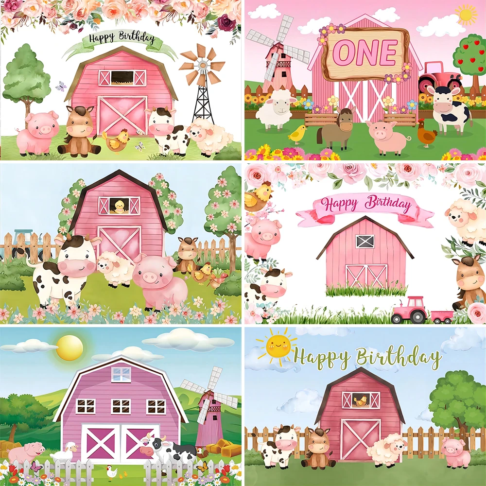 

Farm Animals Windmill Pink Theme Photography Backgrounds For Baby Children 1st Birthday Party Decor Props Photo Studio Backdrops