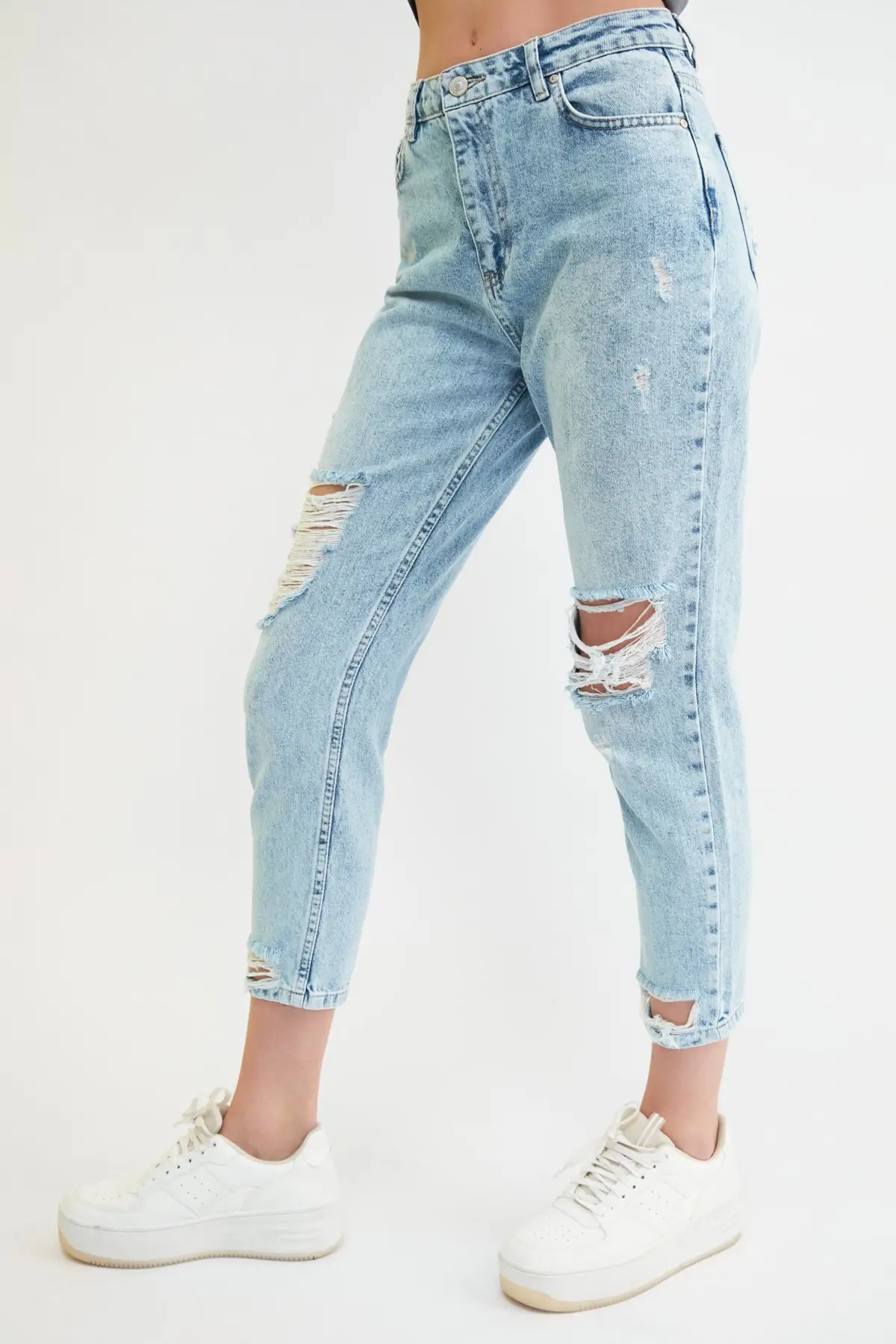 

Detailed High Waist Mom Torn Blue Jean Women Jeans 2021