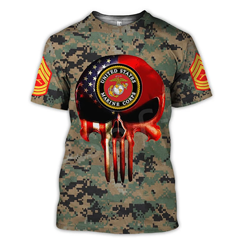 

American Flag Soldier Camo Skull 3D Harajuku Print Fashion Tough Guy Street Hip-Hop Casual Round Neck Short Sleeve T-shirt Tops