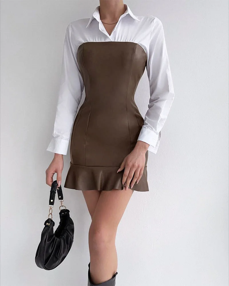 

Women Dresses 2022 Spring Summer Fashion Elegant Casual Skinny Office Holiday Shirt Stitched Leather Mini Dress
