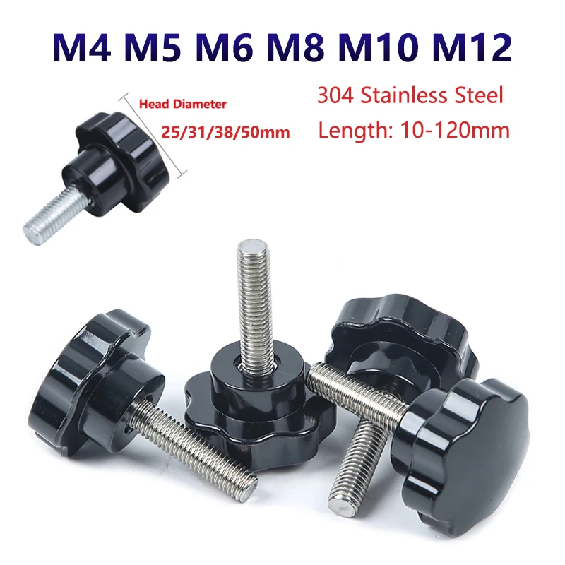 

1pc M4 M5 M6 M8 M10 M12 304 Stainless Steel Star Shape Thread Clamping Handle Bolt Bakelite Hand Knob Tightening Screw