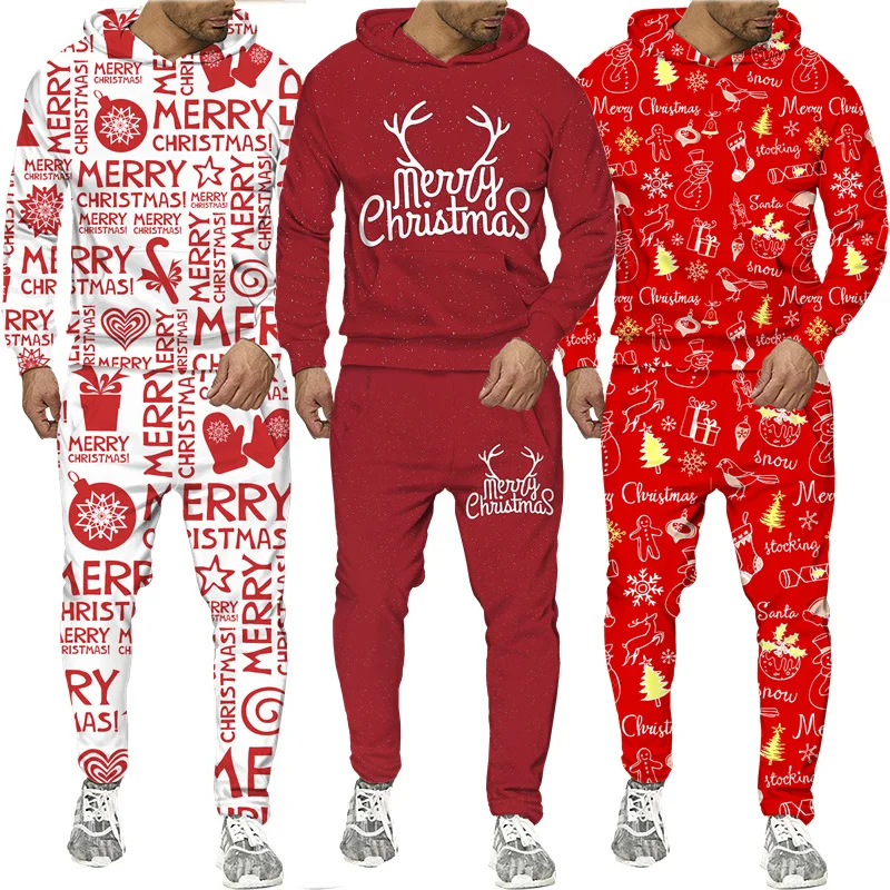 Костюм мужской с капюшоном и брюками свитшот 3D принтом на Рождество модная