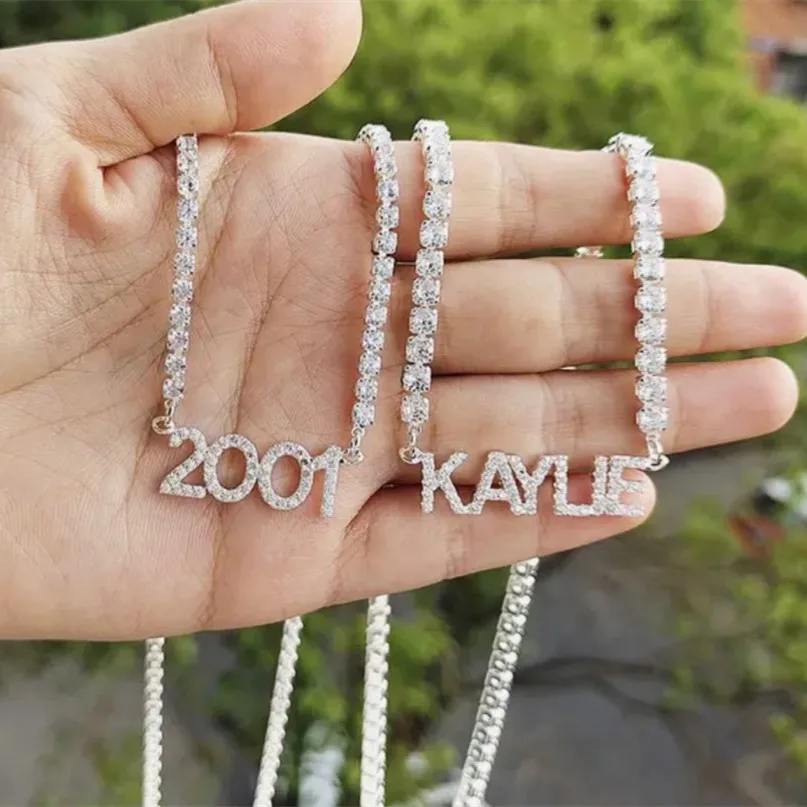 3UMeter 9mm Letters Customized Name Necklace For Women Personalized Pendant Zirconia Angel Number Tennis Chain Mother's Day Gift