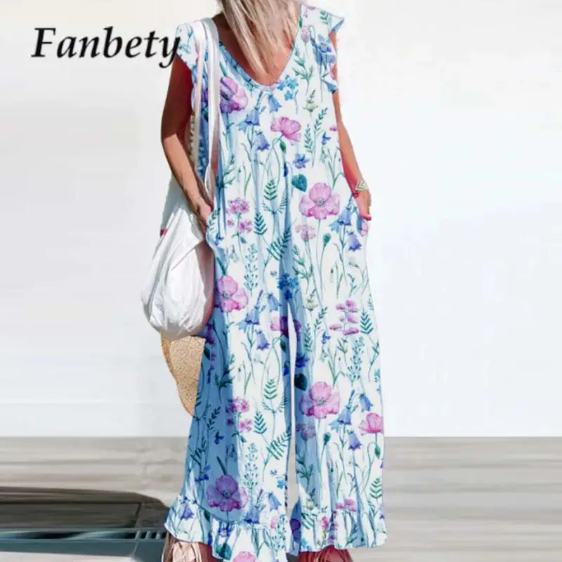 

New Casual Women's Loose Printed Bodysuit Summer Women V Neck Ruffled Fly Sleeve Jumpsuit Hot Sale Ladies Pocket Straight Romper