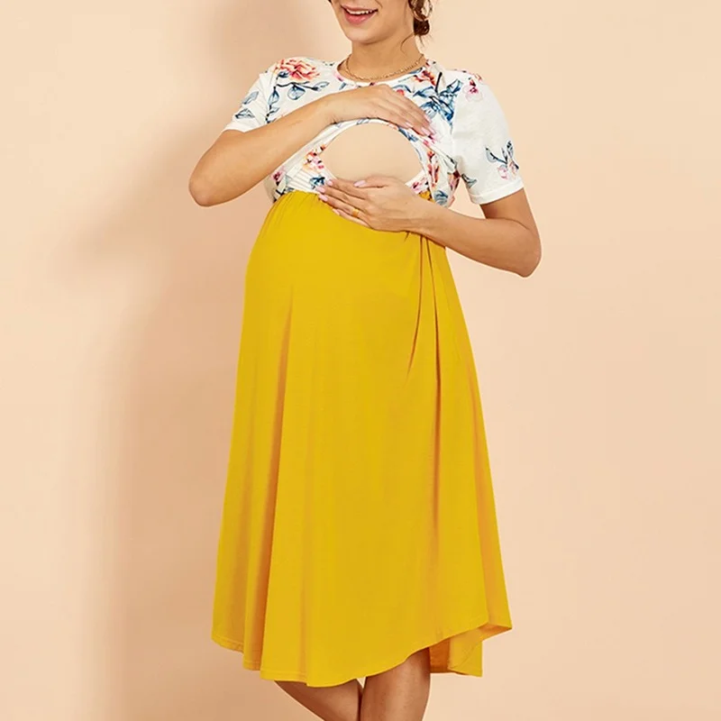 Pregnancy Dress Printed Contrast Color Matching Maternity Lactation Dress Round Neck Short Sleeve Feeding Maternity Clothes enlarge