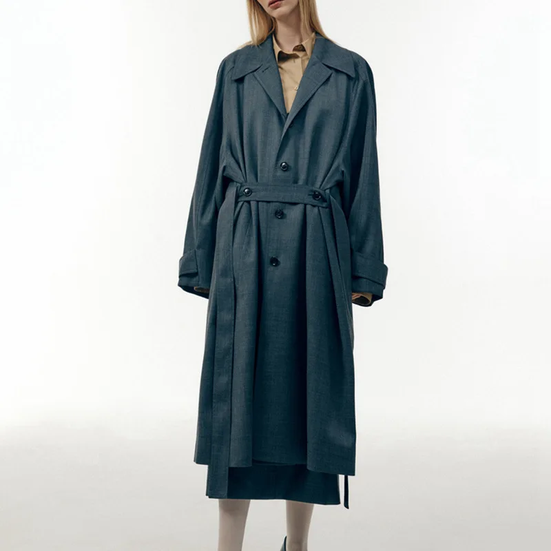 

2023 New Women turn-down collar Silhouette Long Windbreaker Coat with Belt Ladies Fashion Loose Single Breasted Overcoat