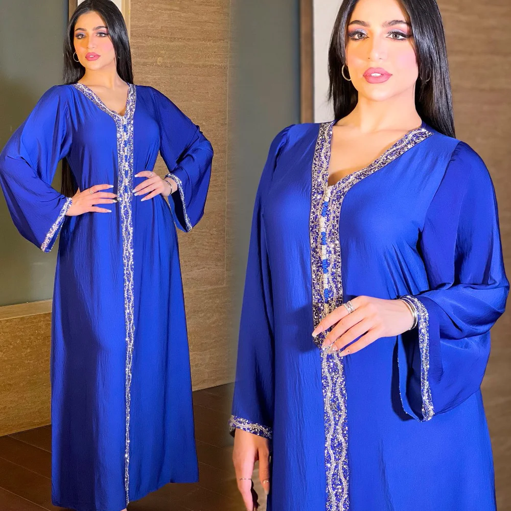 

Abaya For Women 2022 Dubai Muslim Women's Dress Blue Hot Diamond Dress Arab Islamic Robe V-neck Loose Kaftan Female Clothing