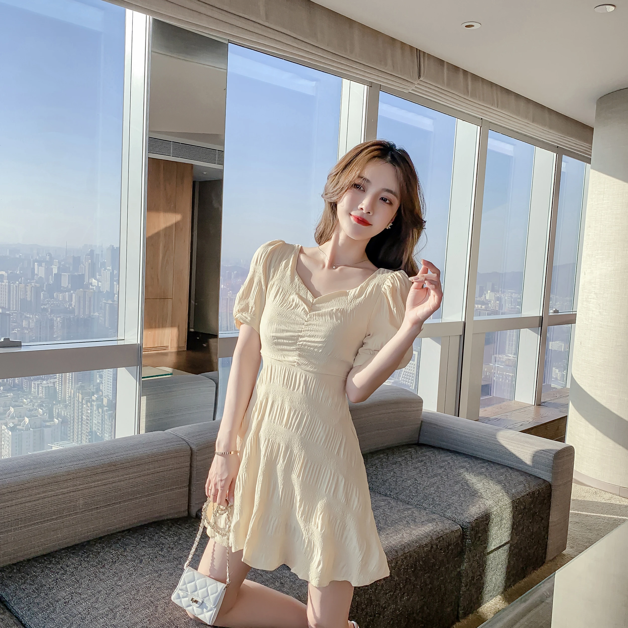 

Милое однотонное длинное платье для девушек, женские платья 2022, летние ажурные платья на шнуровке с пышными рукавами, элегантные платья, тра...