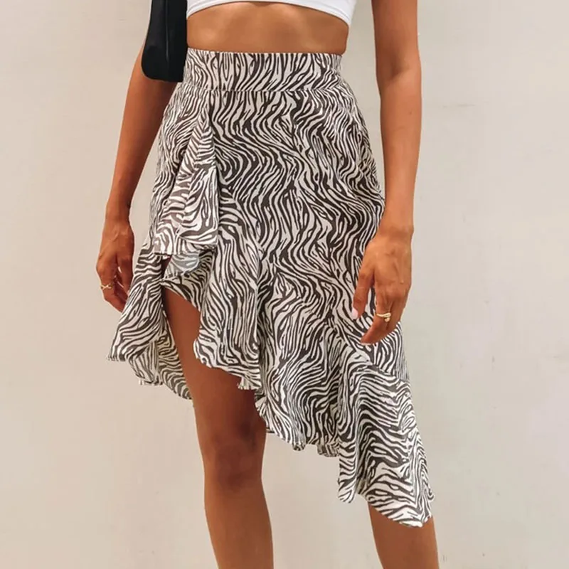 

Casual Office Work Female Skirt 2021 Summer Women Asymmetrical Zebra Midi Skirt High Waist Cascading Ruffle Printed Split Skirts