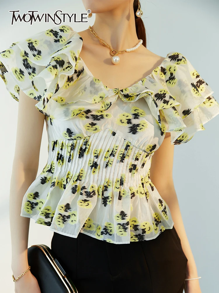 

TWOTWINSTYLE Loose Print Colorblock Shirt For Women V Neck Puff Sleeve Slim Blouses Female Fashion Summer Clothes Style New 2022