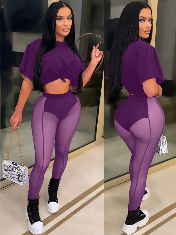 

Wishyear 2022 Womens Two Peice Sets Crop Top and See Through Pants Mesh Sheer Leggings Fashion Bodycon Sexy Clubwear Outfits