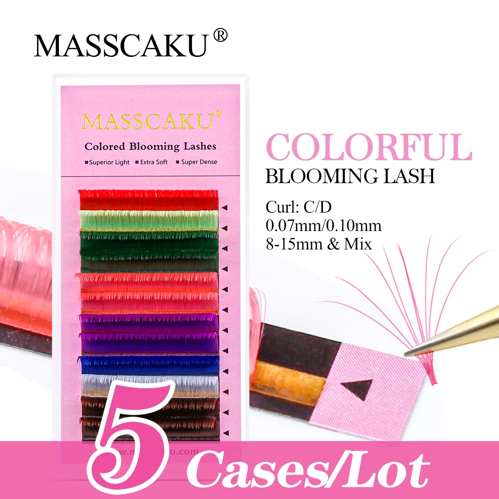 5case/lot MASSCAKU Colorful Auto Blooming Lashes Professional Mink Russian Volume Individual Eyelashes Extensions Makeup Beauty