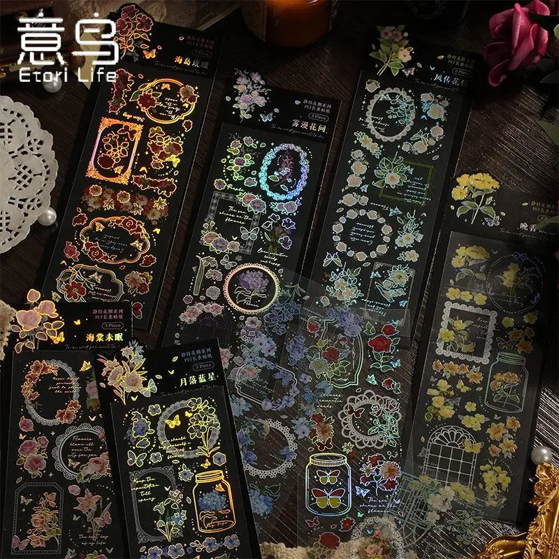 

3pcs PET Sticker Fresh Plant Flower Hand Account Hot Silver Craft DIY Collage Laptop Mobile Phone Quilt Waterproof Sticker Gift