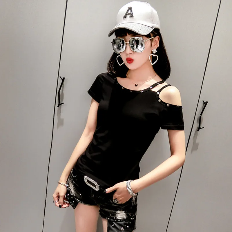 

#7396 Black Blue Grey White Short Sleeve T Shirt Women Sexy Cotton O Neck Off Shoulder T Shirt With Rivet Streetwear Tshirt Slim