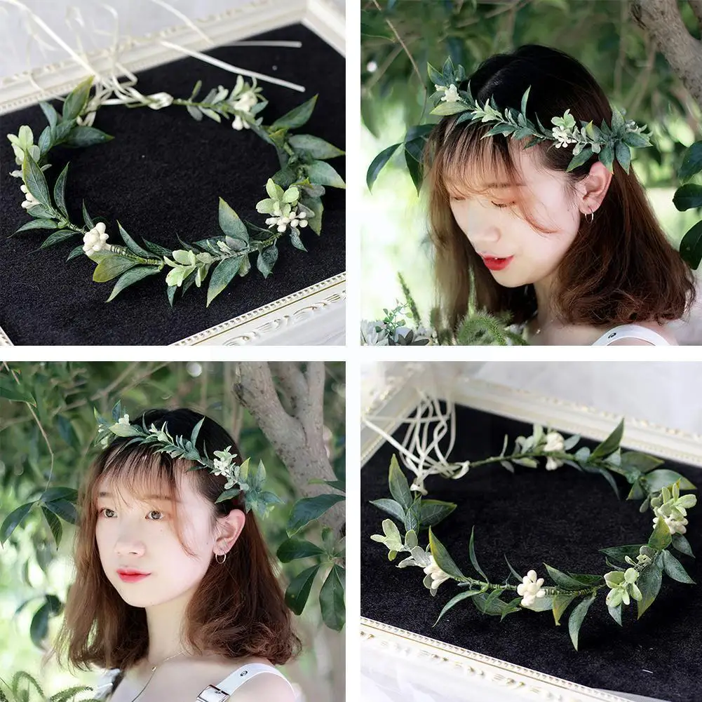 

Forest Style Wedding Bridal Headband Tiara Imitation White Headpiece Wreath Hair Flower Women Green Crown Halo Leaf Y3j1