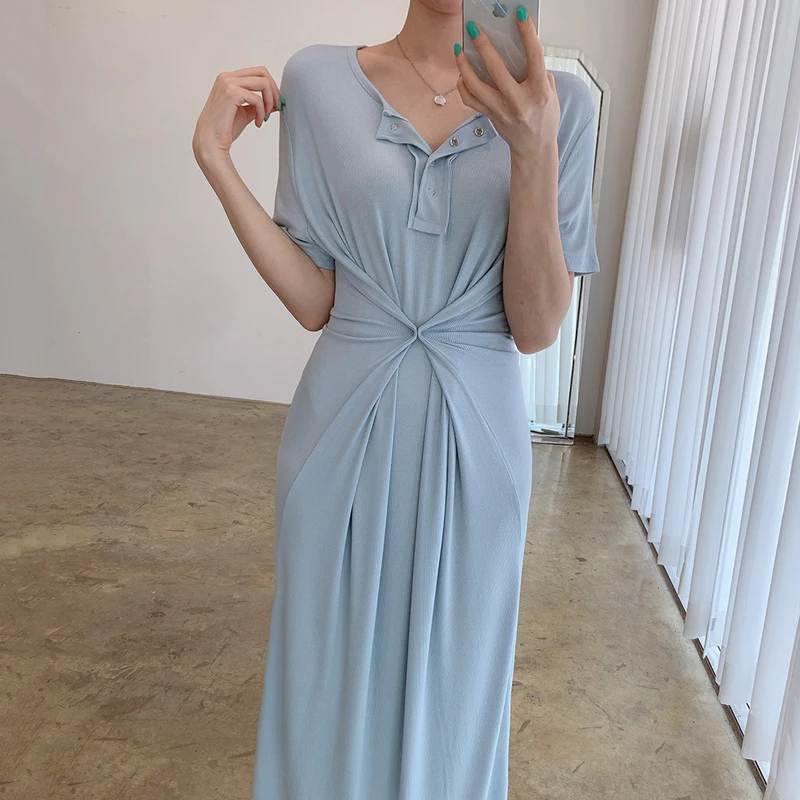 

Korean Chic Buckle Slim-Fit Side Slit Waist Hugging Dress Women 'S Summer French Temperament Loose T-shirt Long Skirt