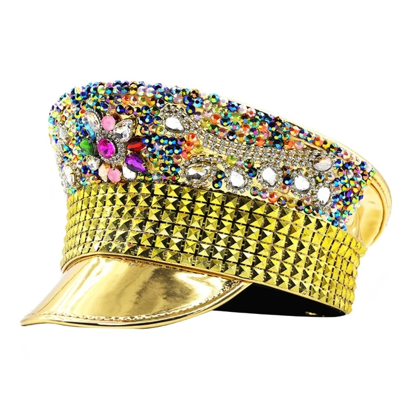 

N58F Steampunk Style Hat for Dancing Party Glitter Fedora Cap for Music Festival Women Costume Rivet Studded Hat