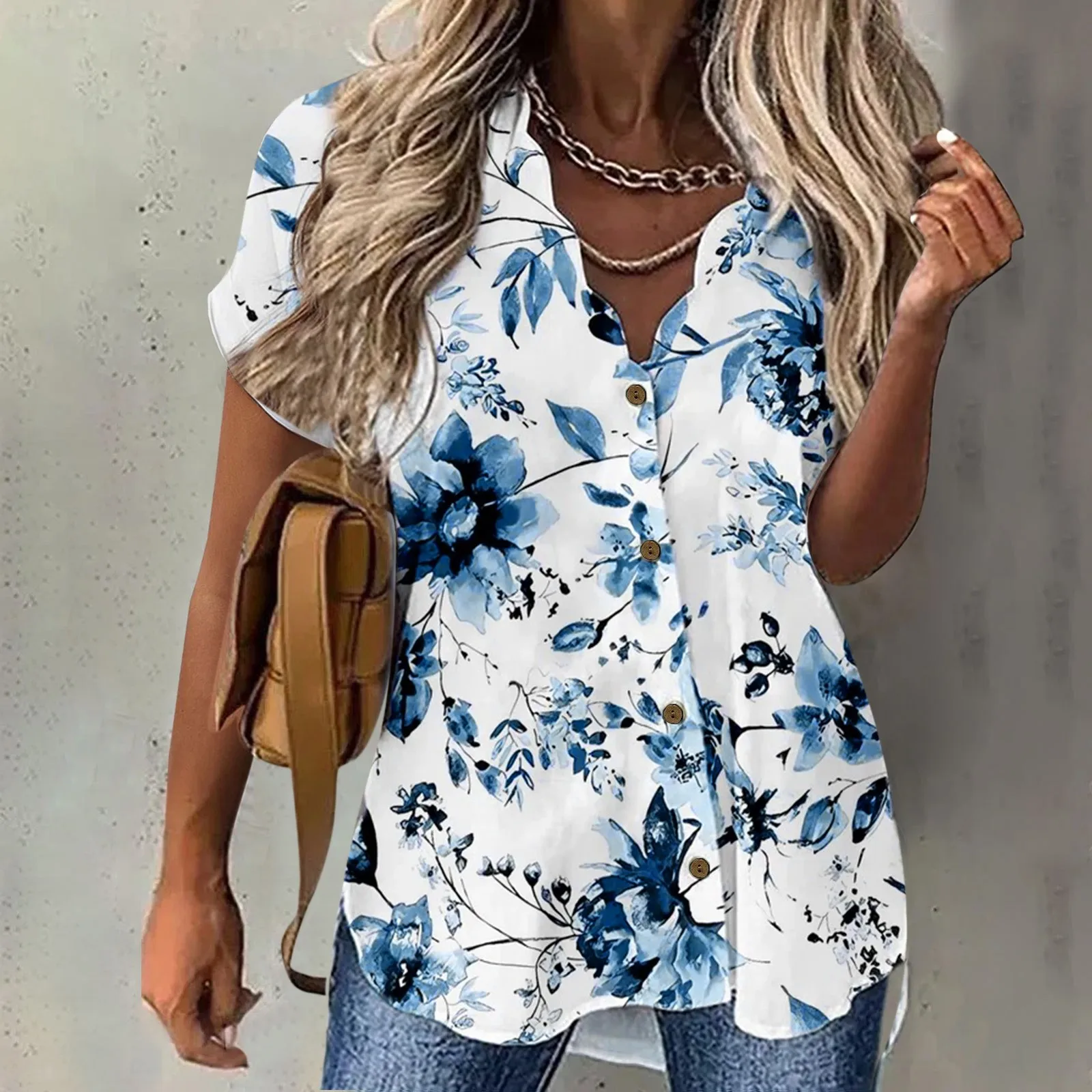 

Summer Floral Shirts Womens Boho Clothing Short Sleeve Wavy Neck Floral Print Button Loose Shirts Oversized Holiday Beach Blouse