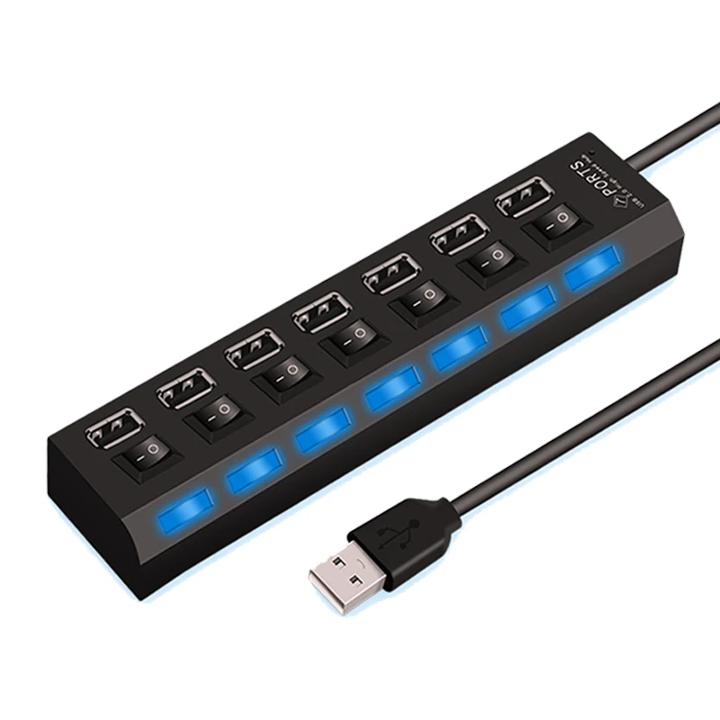 Купи High Speed 4/7 Ports USB HUB 2.0 Adapter Expander Multi USB Splitter Multiple Extender with LED Lamp Switch for PC Laptop за 197 рублей в магазине AliExpress