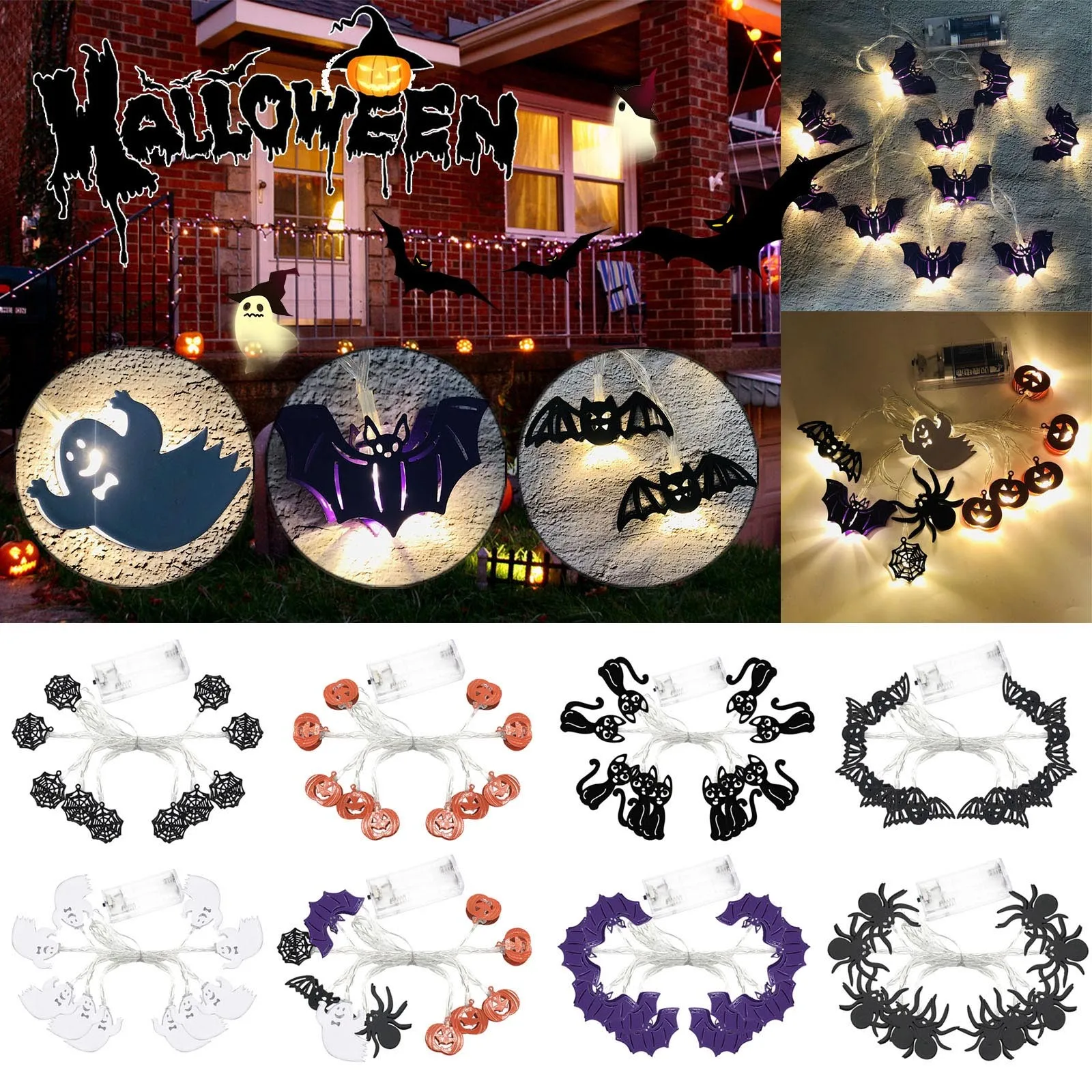 

Светящиеся аксессуары для автомобиля, декоративные огни на Хэллоуин, гирлянды на батарейках, светодиодные гирлянды на Хэллоуин, водонепрон...