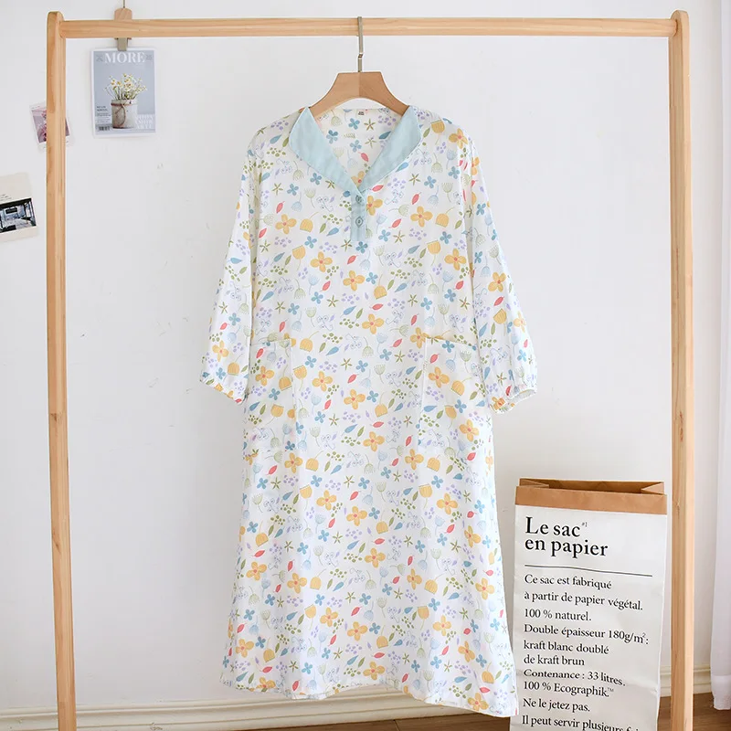 2023 New Spring/Summer Women's Sleeping Skirt 100% Cotton Gauze Long Sleeve Skirt Women's Sleeping Skirt Large Cute Home Dress