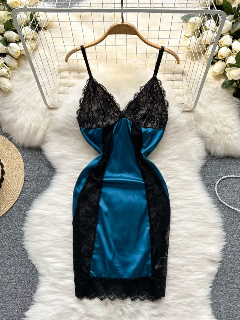 

Sexy Women Sheer Lace Sleepdress Patchwork Satin Nightwear 2022 Summer Spaghetti Strap Sleeveless Mini Sleeping Dress Nightgowns