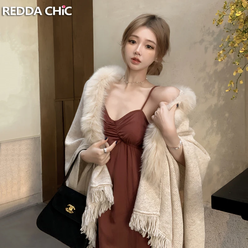 Фото REDDACHiC шаль с воротником из искусственного меха для женщин, накидка, элегантное пончо с кисточками и открытой передней частью, шарф, одеяло для путешествий, осенне-зимний трикотаж №1