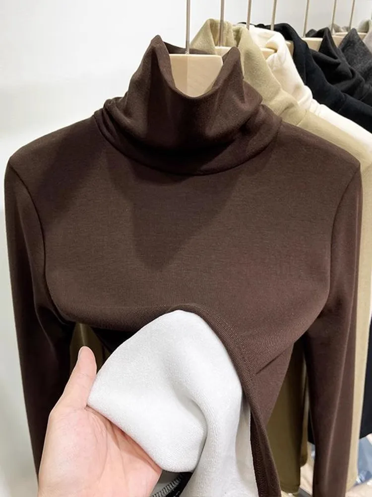 Черная водолазка на флисовой подкладке утолщенная нижняя рубашка женская