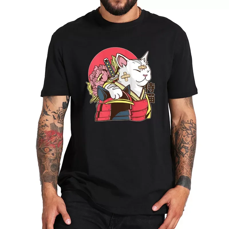 

NEW IN Japanese Samurai T-shirt Cat Graphic Design Cool Gifts for Male Summer Tops Tee EU Size 100% Cotton
