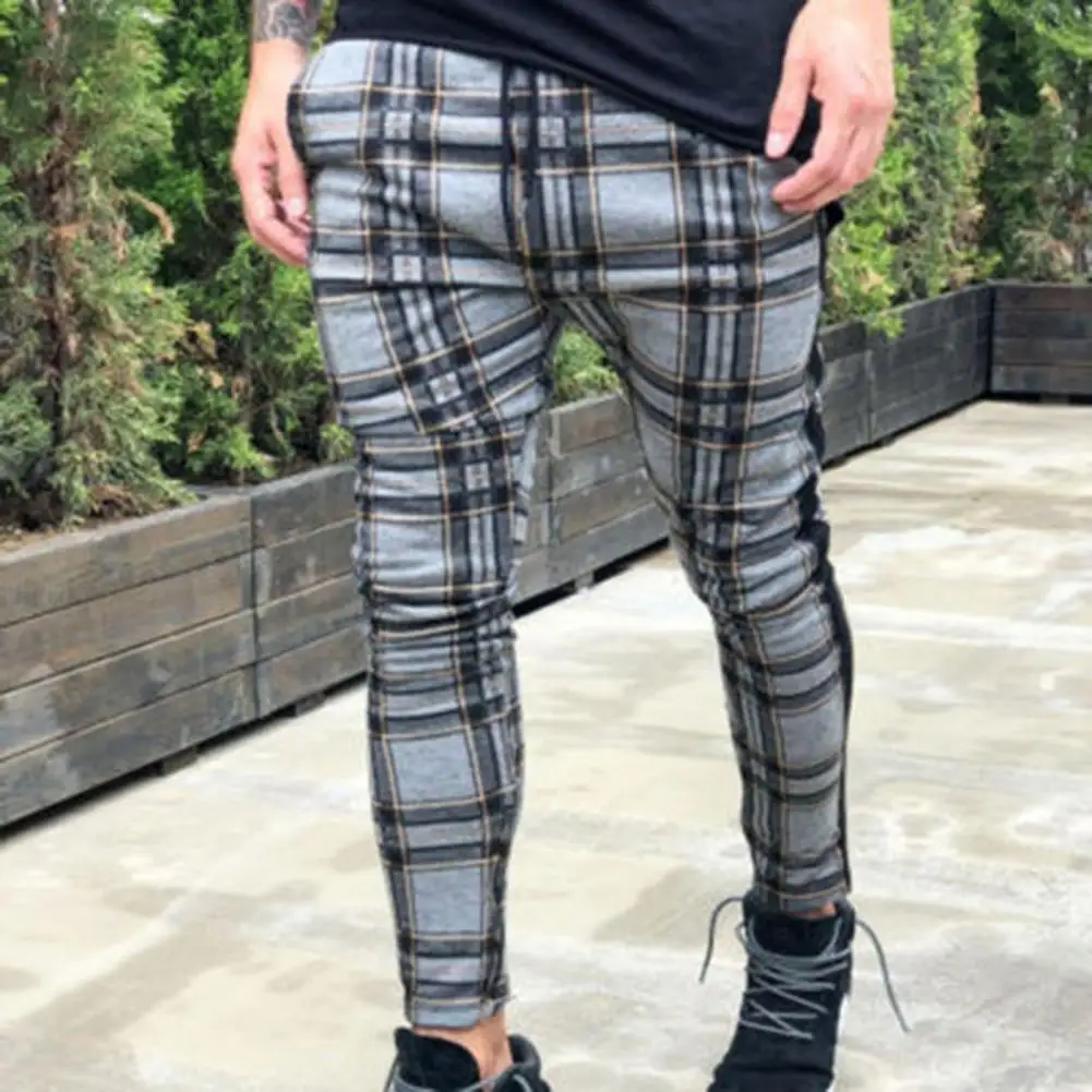 

5 Sizes Men Casual Pants Spring Plaid Contrast Colors Slim Elastic Waist Vintage Style Simple Spring Sweatpants for Daily Wear