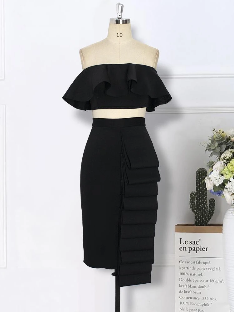 Women 2 Piece Sets Crop Tops Skirts Sexy Dinner Ruffles Off Shoulder Slim Jupes 2022 Fashion New Summer Backless Party Wear Suit