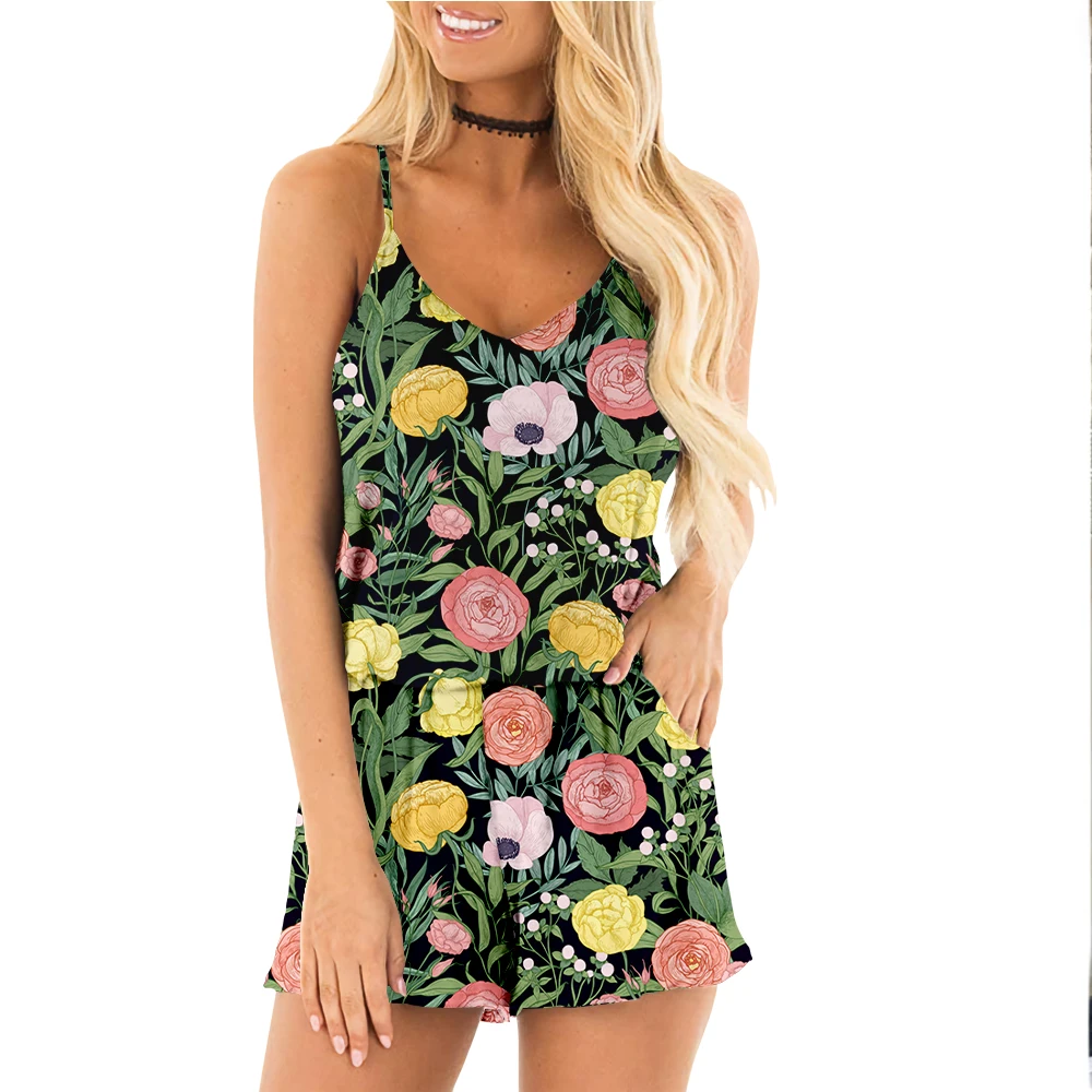 

Oversized New Summer Women's V-neck Dress Sleeveless Floral Printing Dress Fashion Pocket Ladies Sling Dress Mini Dress