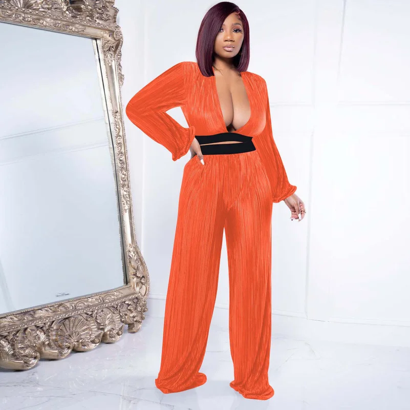 

KEXU Pleated Women's Set Deep V-neck Back Blouse and Loose Wide Leg Pants Elegant Street Tracksuit Two 2 Piece Set Outfits