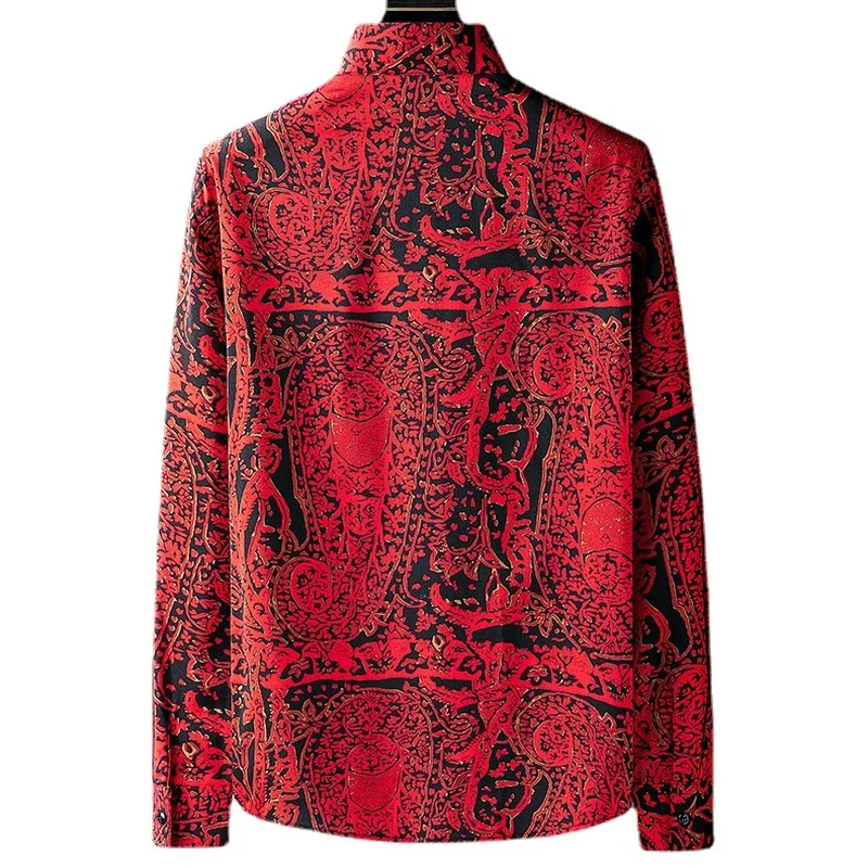 Light Luxury Print Men Shirts 2022 Autumn Long Sleeve Loose Casual Shirt Social Party Lapel Tops Streetwear Tuxedo Men Clothing